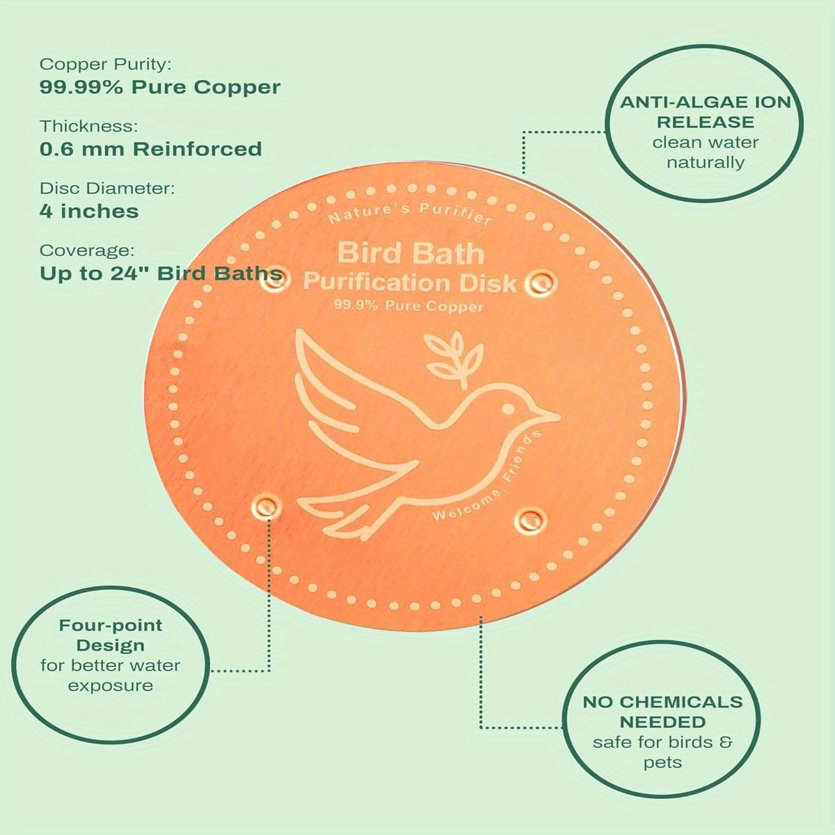 Solar-Powered Bird Bath Purification Disk & Heater Deicer - Pure Copper Outdoor Winter Warmer with Hanging Bowl, Cage & Stand for Deck/Railing - -Freeze Birdbath for Birds, Durable Metal Design, Safe for Aquatic Life, Easy In