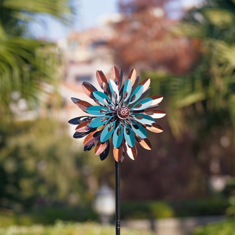 360° Rotating Outdoor Metal Wind Spinner - Kinetic Wind Sculpture with Blue & Bronze Floral Design, Durable Iron Garden Decor for Yard, Patio, Lawn - No Electricity Needed, Wind-Powered Motion, Weather-Resistant, Easy Instal
