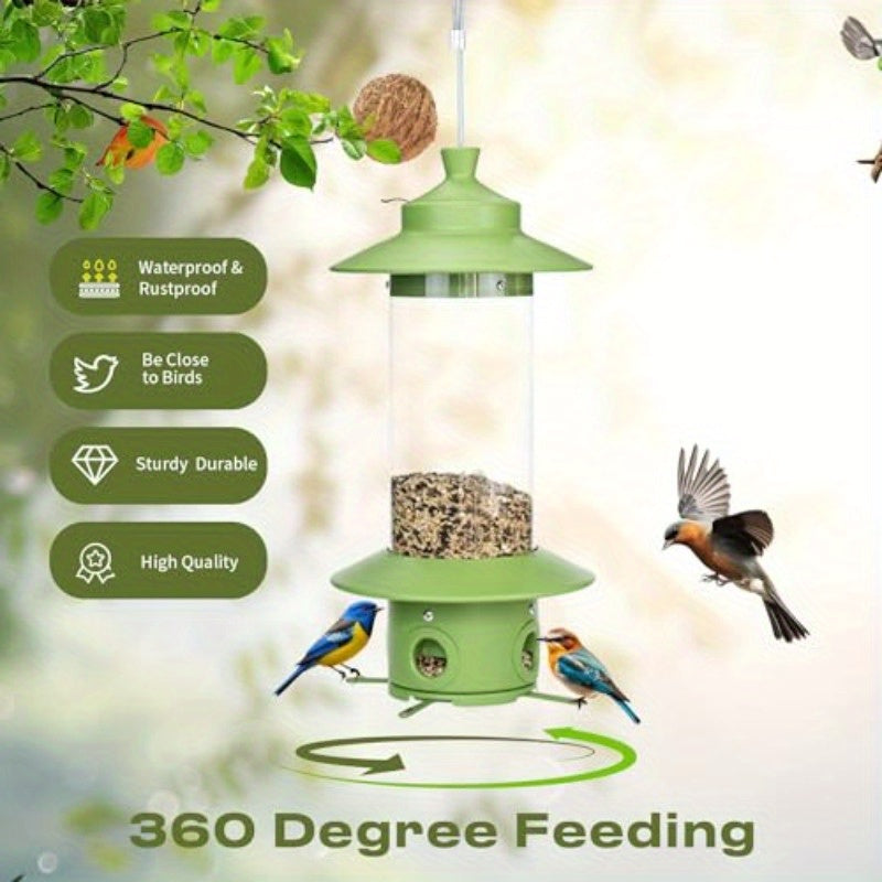 Weather-Resistant Light Green Squirrel Proof Bird Feeder for Outdoors, Hanging Metal Tube Feeders with 4.8lb Capacity and 4 Ports for Bluebird, Cardinal, Finch, and Jay, Bird Feeders Outdoors Squirrel Proof, Sloping Roof Desi