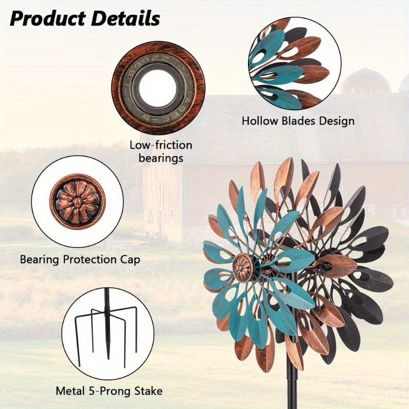 360° Rotating Outdoor Metal Wind Spinner - Kinetic Wind Sculpture with Blue & Bronze Floral Design, Durable Iron Garden Decor for Yard, Patio, Lawn - No Electricity Needed, Wind-Powered Motion, Weather-Resistant, Easy Instal