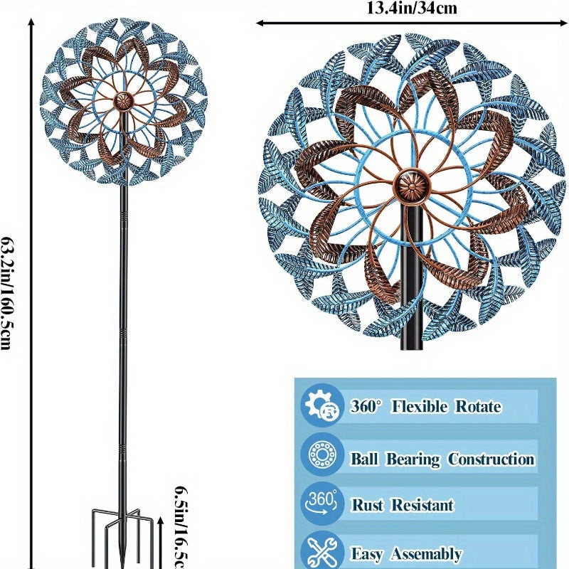 Extra Large Kinetic Wind Spinner - Heavy-Duty Iron Construction, Turquoise & Brown Garden Decor - 360° Rotating Outdoor Yard Art with Sturdy Metal Stake - Large Pinwheel for Patio, Lawn, Farm - Wind-Powered Motion - Spinnin