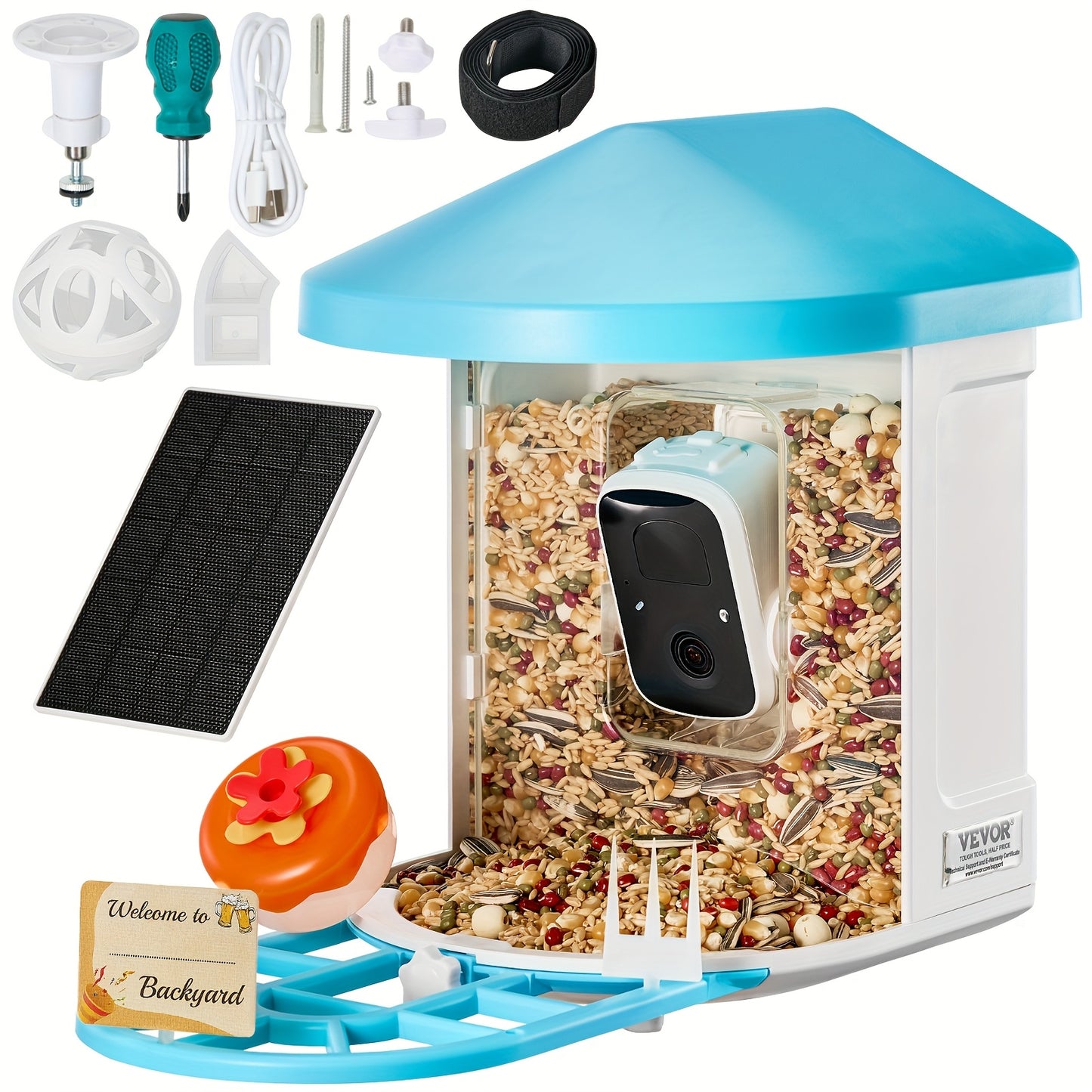 Happybuy Smart Bird Feeder with HD Camera - 10, 000+ Bird IDs, Solar-Powered, Auto Capture & Notify, Includes Fruit & Seed Feeders, Green/Blue Roof, Ideal for Outdoor Birding & Gifts for Bird Lovers, Happybuy
