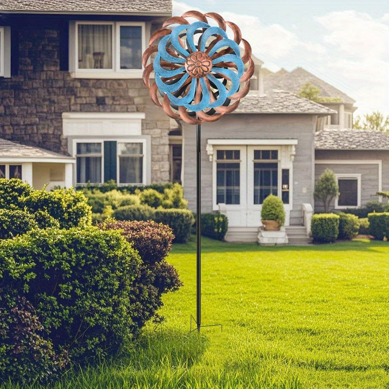 Extra Large 63.4" Metal Wind Spinner with Turquoise & Copper Blades - Elegant Outdoor Yard Decoration, Wind-Powered Motion, Sturdy Garden Stake Base, Durable Metal Construction for Patio, Lawn, Farmhouse, or Modern Home - Lar