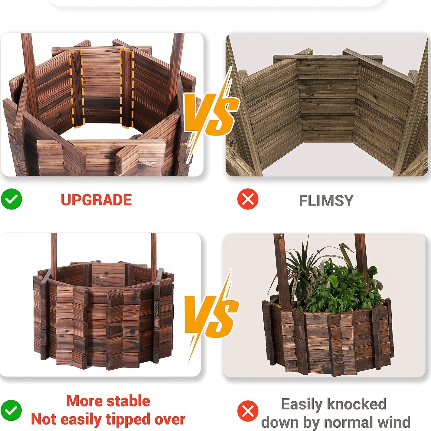 Rustic Wooden Wishing Well Planter - Outdoor Garden Decor with Hanging Bucket, Weather-Resistant Wooden Planter for Patio, Yard, Backyard - Geometric Design, Rectangular Shape, Perfect for Flowers, Herbs, and Succulents, Gard
