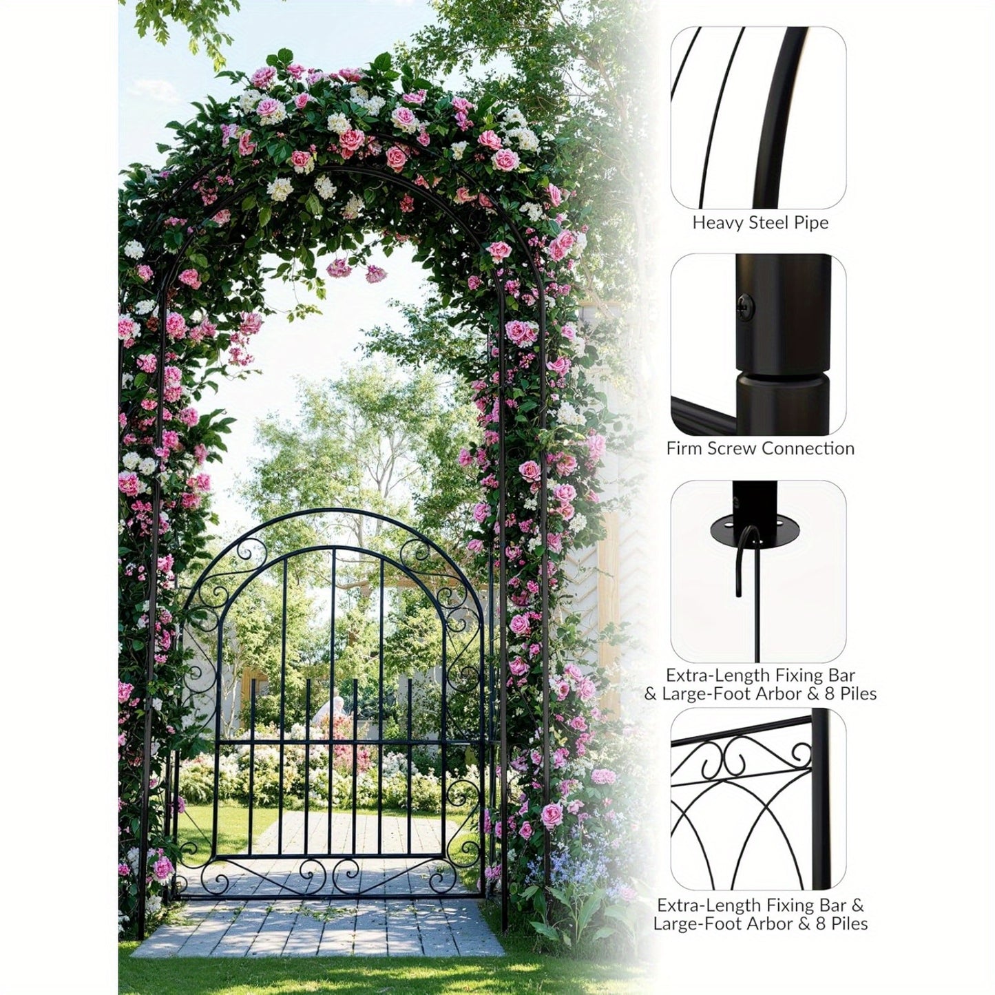 7ft Elegant Garden Arch Trellis with Gate - Romantic Irons Wedding Arbor for Climbing Roses & Flowers, Decorative Metal Archway for Backyard, Patio or Lawn, Classic Black, Durable Metal Construction, Easy Assembly, No Tools N