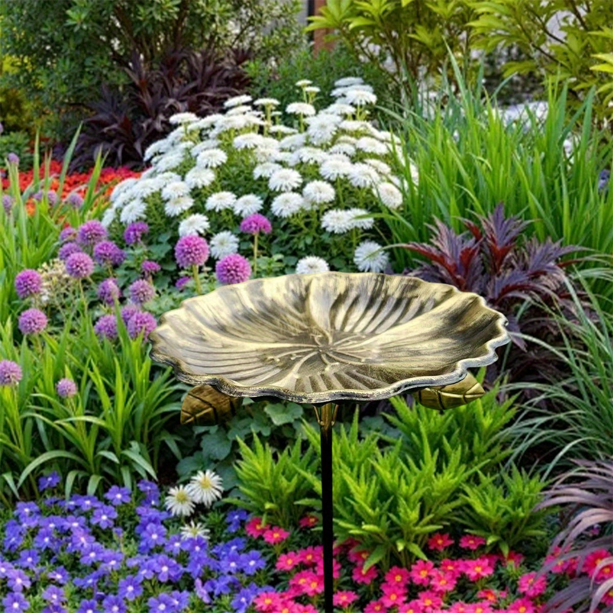 Bird Feeder and Bath Combo Lotus Leaf Shaped Birdbath Feeding Bowl with Stake for Garden, Yard Porch, Without Battery