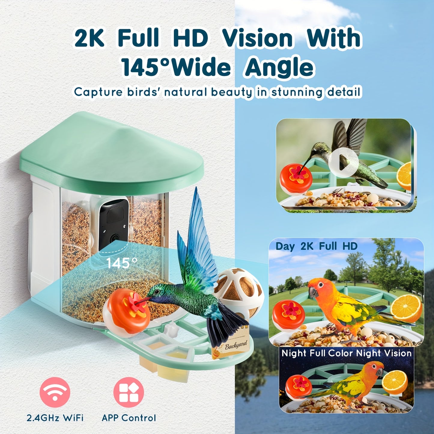 Happybuy Smart Bird Feeder with HD Camera - 10, 000+ Bird IDs, Solar-Powered, Auto Capture & Notify, Includes Fruit & Seed Feeders, Green/Blue Roof, Ideal for Outdoor Birding & Gifts for Bird Lovers, Happybuy