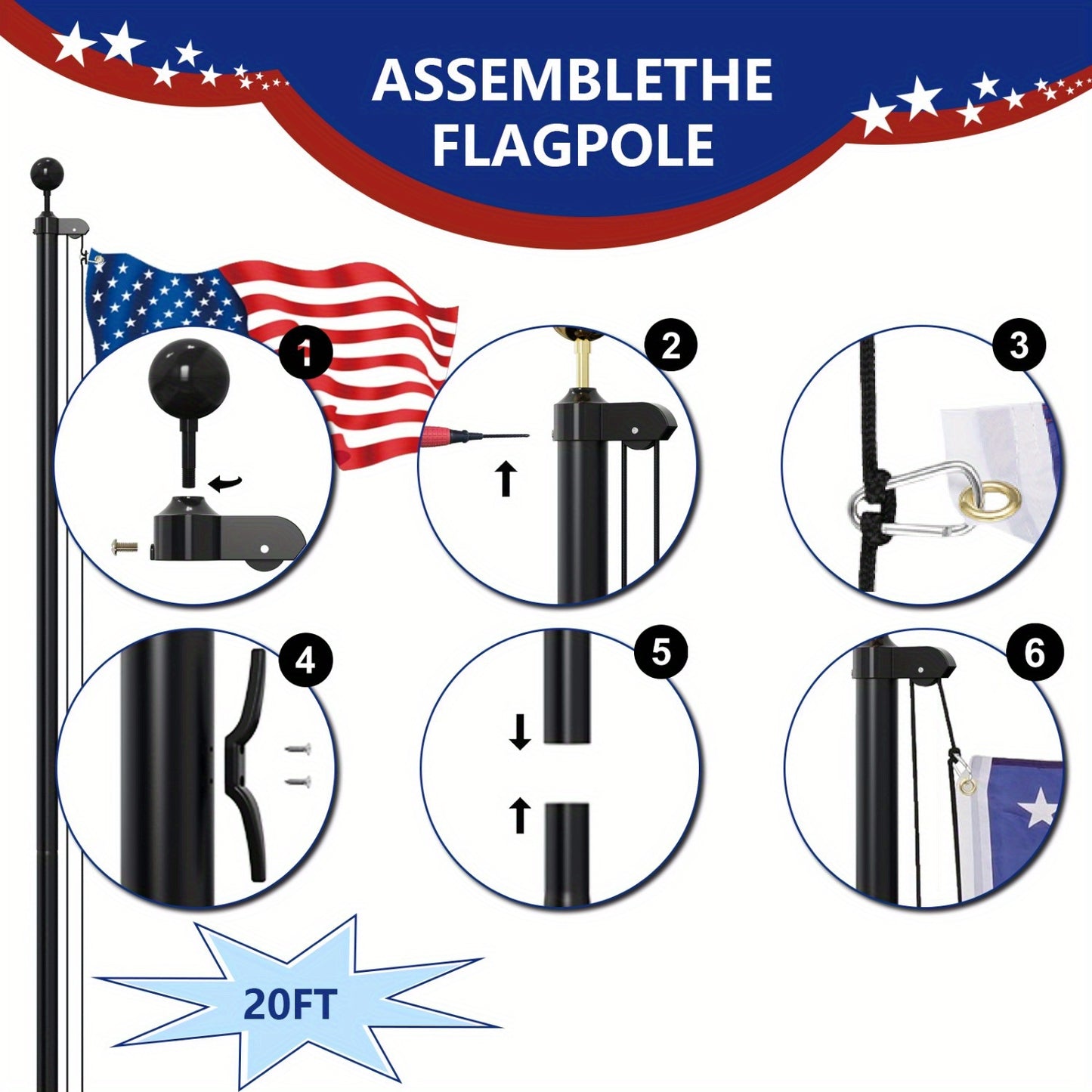 Heavy Duty 25ft Flag Pole with Embroidered Stars 3x5 American Flag-13 Gauge Extra Thick Aluminum Flagpole kit for House Yard Commercial Residential