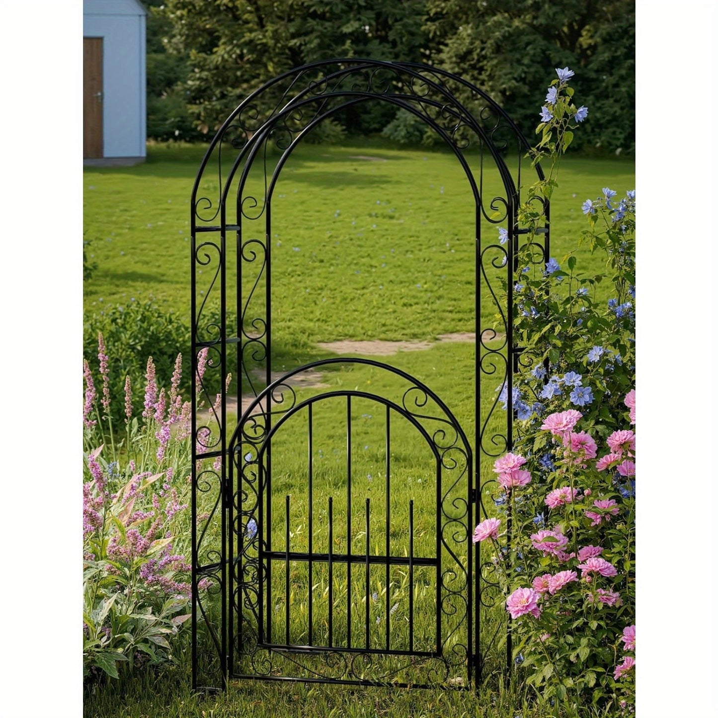 7ft Elegant Garden Arch Trellis with Gate - Romantic Irons Wedding Arbor for Climbing Roses & Flowers, Decorative Metal Archway for Backyard, Patio or Lawn, Classic Black, Durable Metal Construction, Easy Assembly, No Tools N