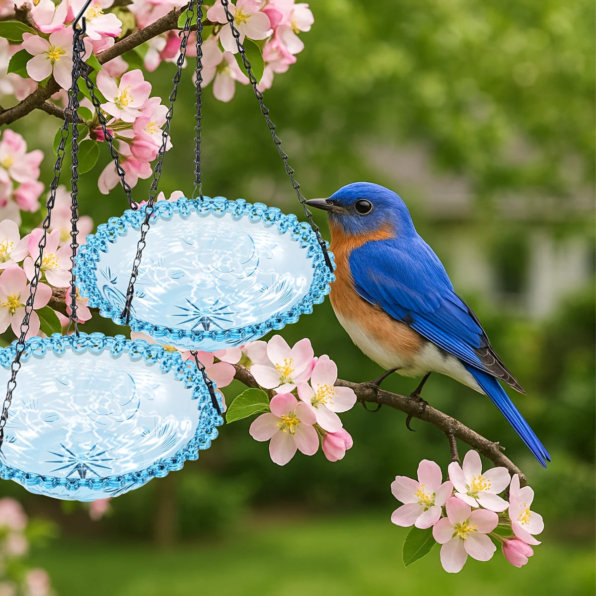 2pcs Blue Plastic Hanging Bird Baths & Feeders - Durable Weather-Resistant Garden, Patio & Backyard Wildlife Decor with Easy-Hang Chains, Attracts Birds & Butterflies, Bird Bath for Outside, Patio Decoration, Decorative Bird