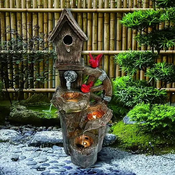 Decorative Garden Birdhouse Three Tier Water Fountain Outdoor with LED Lights and Water Wheel