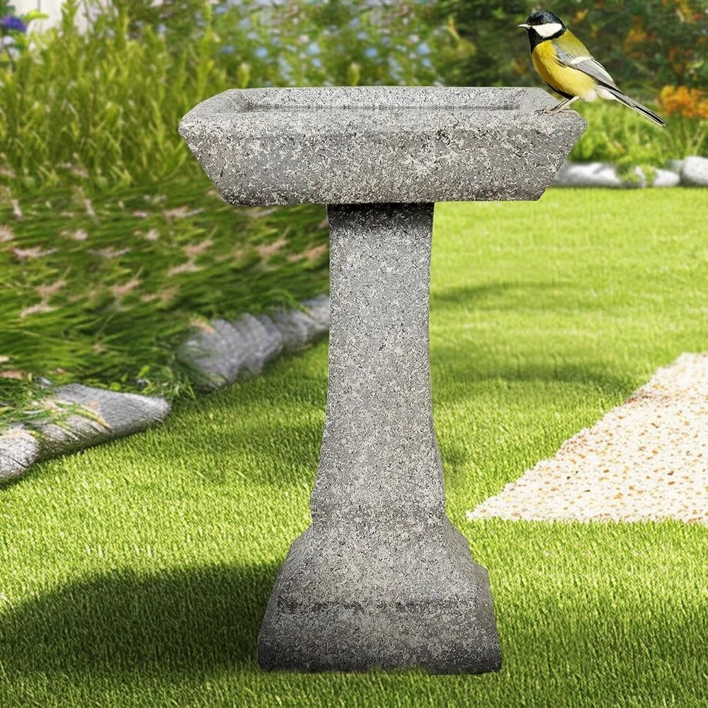 Freestanding Birdbath Outdoor 15In Diameter Concrete Garden Bird Bath Feeder Bowl Pedestal Durable Weather Resistant Easy