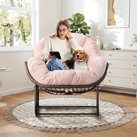 Large Indoor Outdoor Rocking Chair, Oversized Rocking Papasan Chair with Thick Cushion and Frame Outdoor Rocker, Comfy Wicker Eg