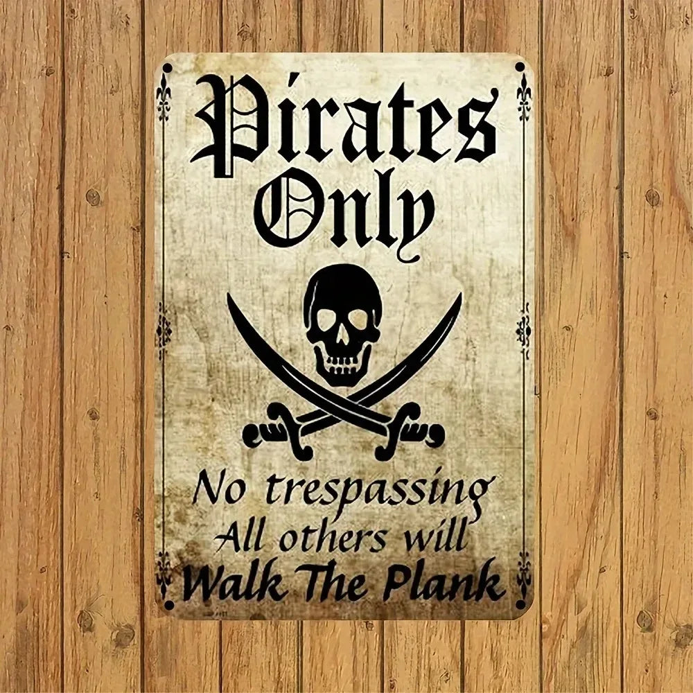 PIRATEDECORCZ Pirate W-Warning Metal Sign - Durable Tin Decor, Ideal Gift for Gardens, Bars & Pirate-Themed Spaces