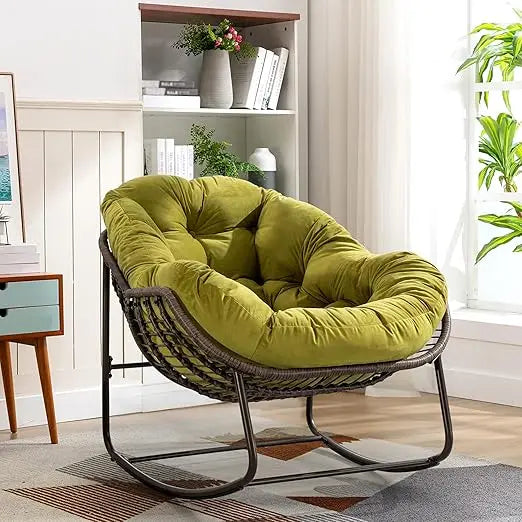 Large Indoor Outdoor Rocking Chair, Oversized Rocking Papasan Chair with Thick Cushion and Frame Outdoor Rocker, Comfy Wicker Eg