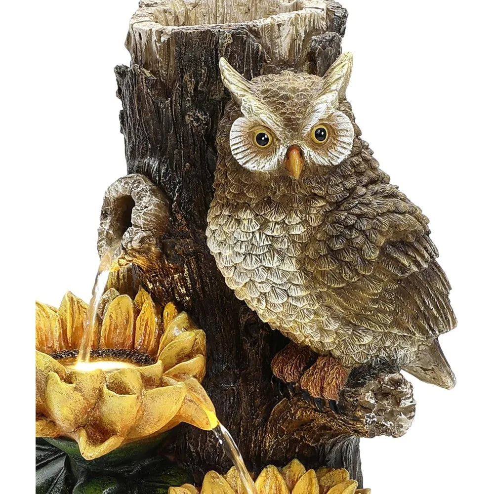 LuxenHome 28 Inch Tall Outdoor Water Fountain, Owl and Sunflower Cascading Waterfall Fountain Outdoor and Indoor with LED Lights