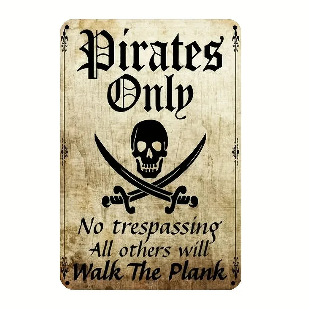 PIRATEDECORCZ Pirate W-Warning Metal Sign - Durable Tin Decor, Ideal Gift for Gardens, Bars & Pirate-Themed Spaces