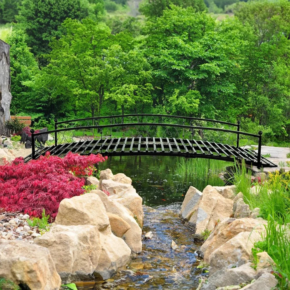 Metal Garden Bridge 8 FT - Durable Decorative Footbridge with Siderails Large Outdoor Bridges