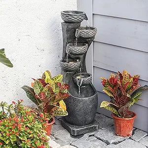 45.67''H Water Fountain Outdoor with Planter Pot 5 Tiers Cascading Waterfall Garden Fountains Indoor LED Lights Water Feature De