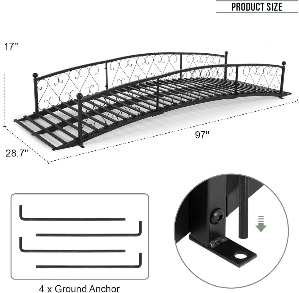 Metal Garden Bridge 8 FT - Durable Decorative Footbridge with Siderails Large Outdoor Bridges