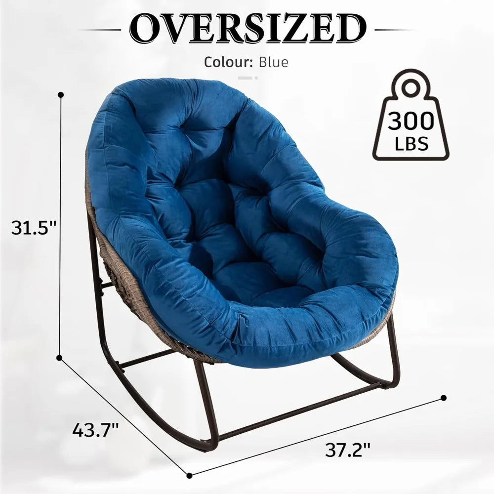 Large Indoor Outdoor Rocking Chair, Oversized Rocking Papasan Chair with Thick Cushion and Frame Outdoor Rocker, Comfy Wicker Eg