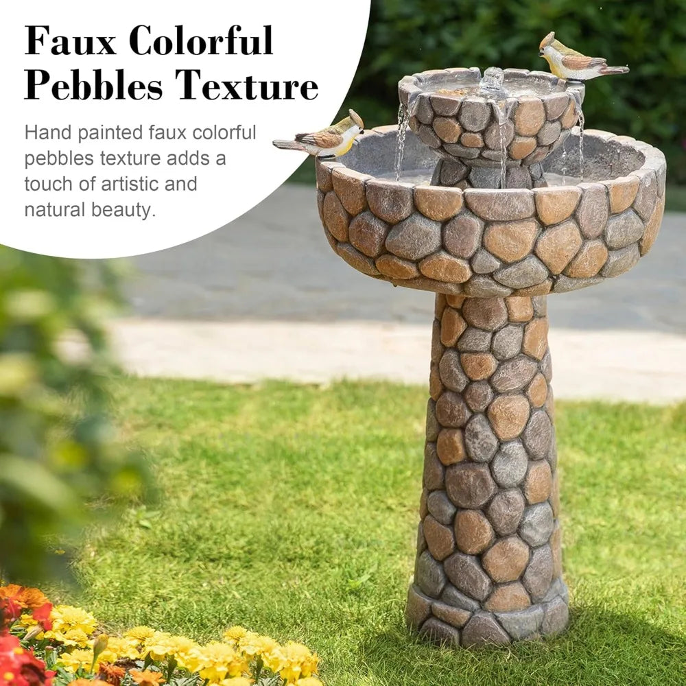 2-Tier Stone Like Outdoor Water Fountain with Birds, Bird Bath Outdoor Waterfall Fountain Decor, Freestanding Water Fountains w