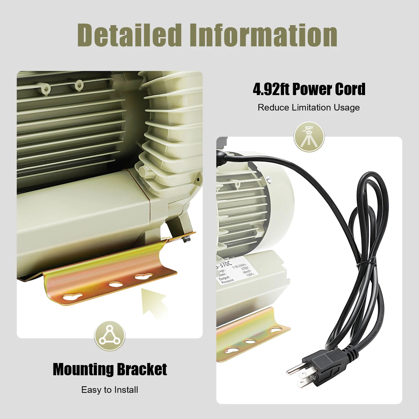Vortex Air Blower Vortex Fan Oxygen Supply Air Pump Turbine Aquarium Fish High Pressure Blower Fan Oxygen Aerator 110V 370W
