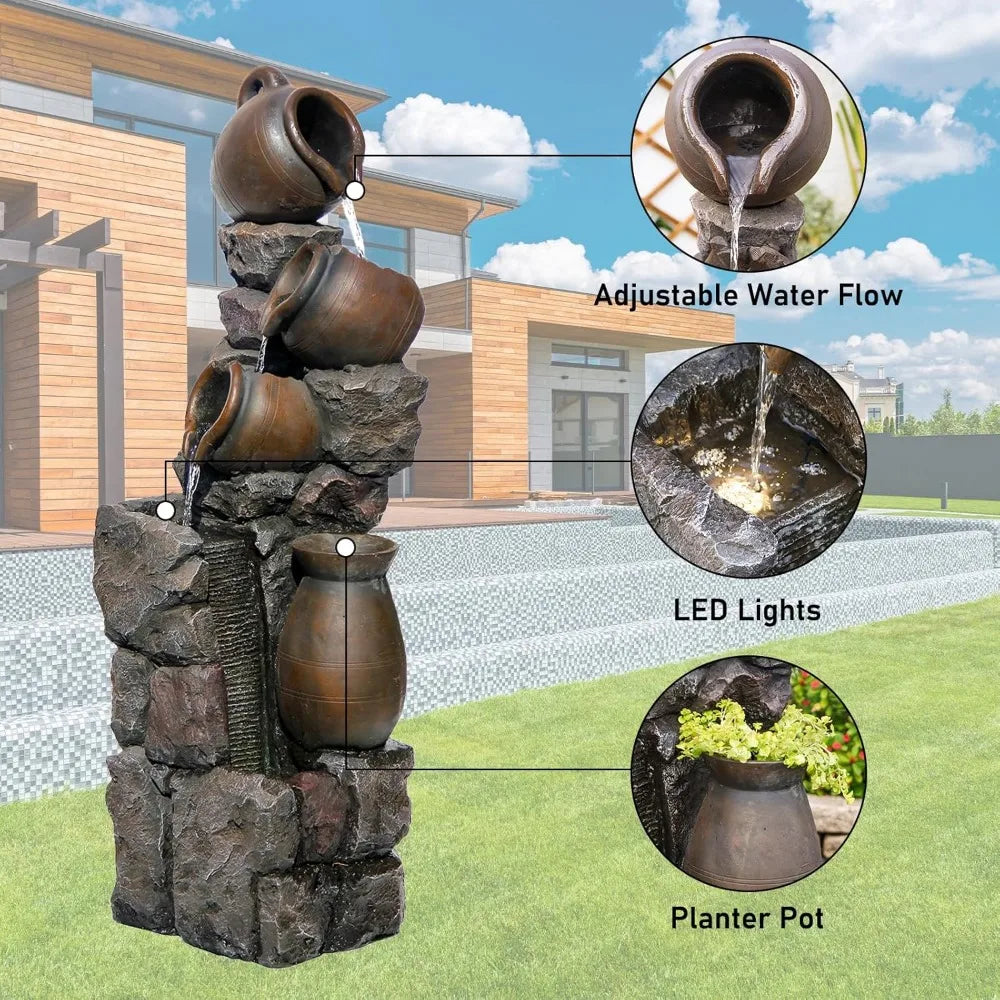 45.67''H Water Fountain Outdoor with Planter Pot 5 Tiers Cascading Waterfall Garden Fountains Indoor LED Lights Water Feature De