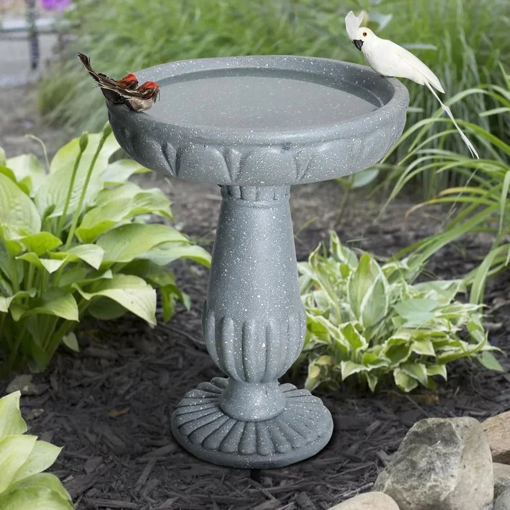 Outdoor Pedestal Bird Bath 21.2 Inch Durable Fiber Reinforced Concrete Stylish Garden Decor Water Source Birds Backyard Lawn