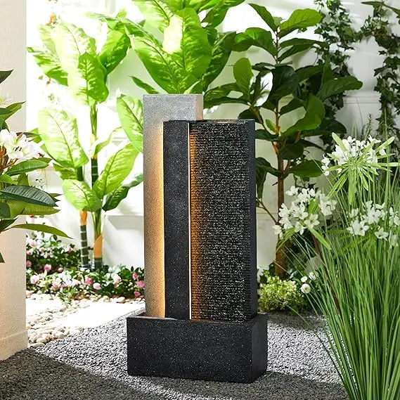 2-Tier Stone Like Outdoor Water Fountain with Birds, Bird Bath Outdoor Waterfall Fountain Decor, Freestanding Water Fountains w
