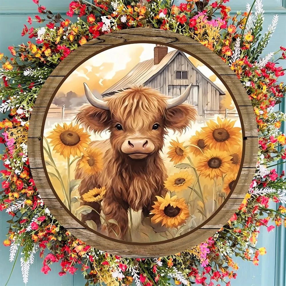 Tin Painting - Sunflower and Highland Cattle Round Metal Tin Sign | 8x8 inches 1pc Wreath Decor | Wall Decor & Wreath Enhancer