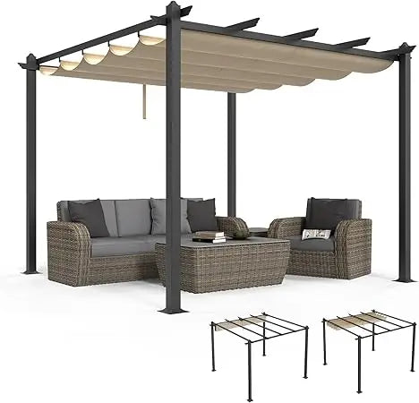10’x 10' Outdoor Pergola Retractable Aluminum Pergola Canopy with Adjustable Roof, Patio Pergola for Deck, Porch, Garden, Yard