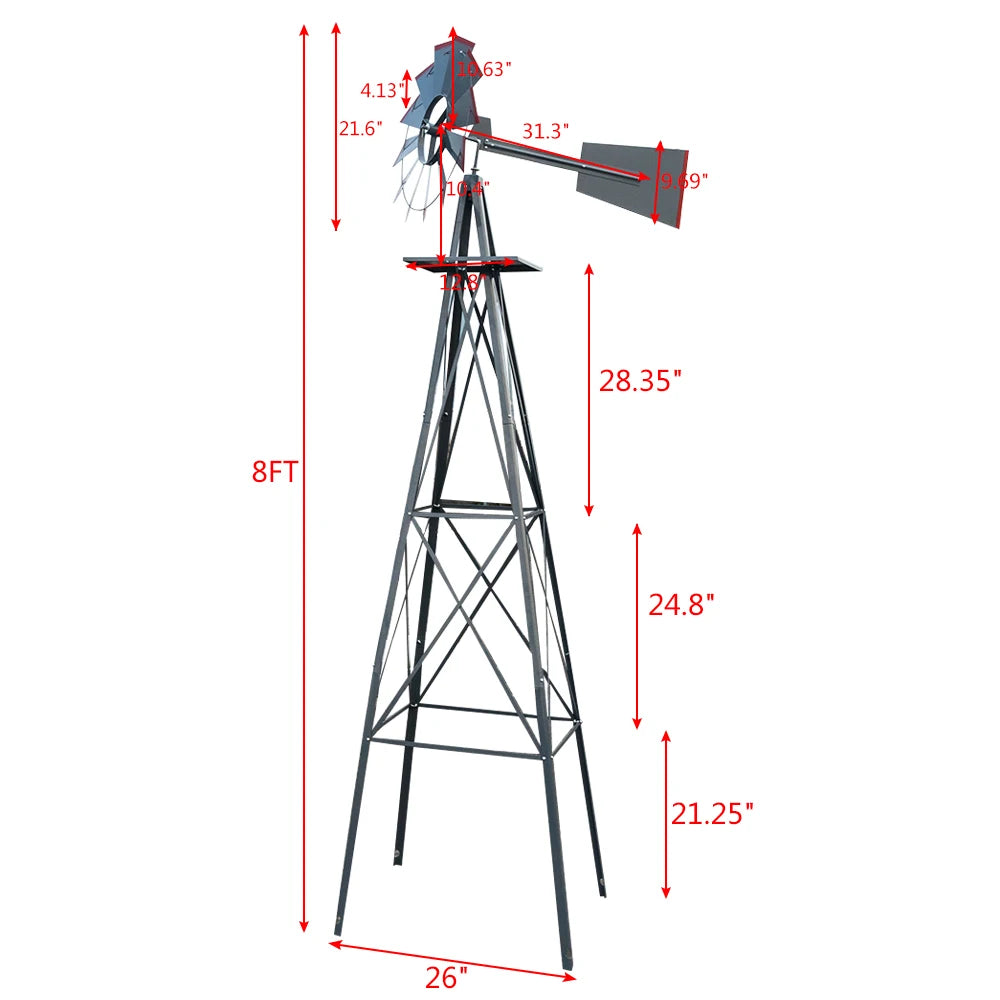 US Stock Decorative Stakes & Wind Spinners 8FT Weather Resistant Yard Garden Windmill Gray & Red