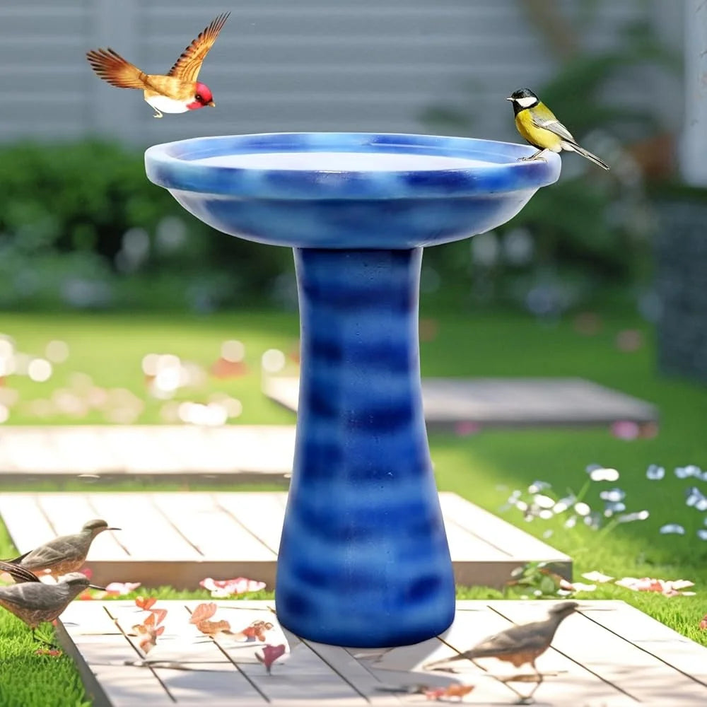 23.6 Inch Concrete Bird Bath Faux Ceramic Finish Outdoor Garden Decor Durable Elegant Design Attracts Birds Weather Resistant