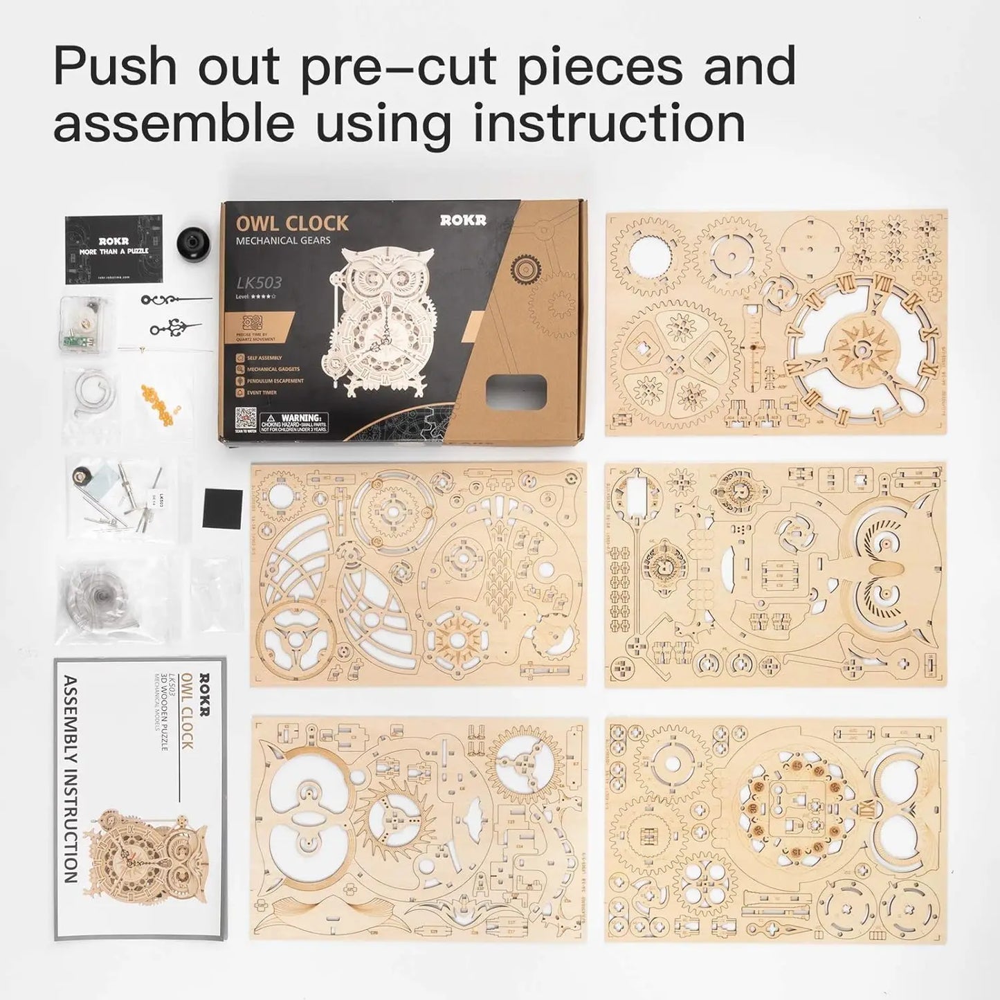 Robotime ROKR 3D Wooden Puzzle Owl Clock Model Building Kit Toys for Children Kids Boys LK503
