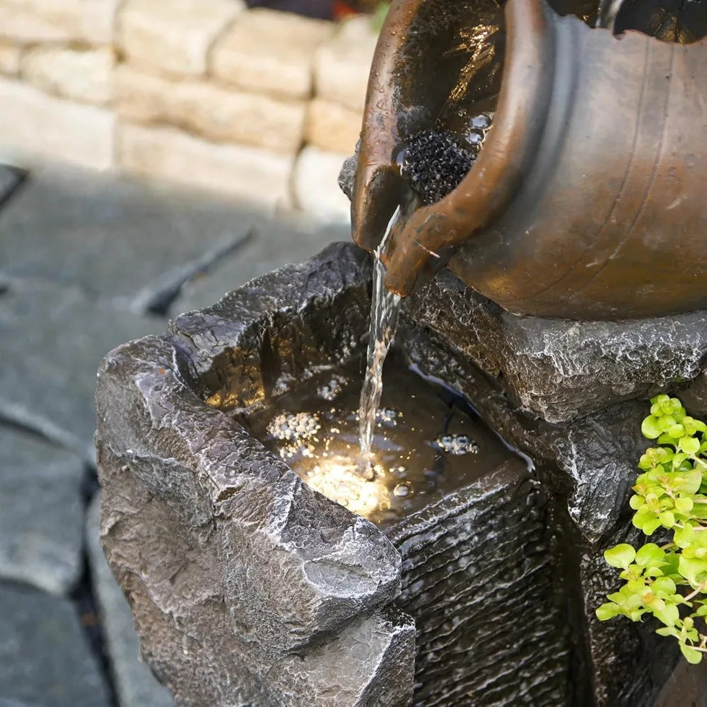 45.67''H Water Fountain Outdoor with Planter Pot 5 Tiers Cascading Waterfall Garden Fountains Indoor LED Lights Water Feature De