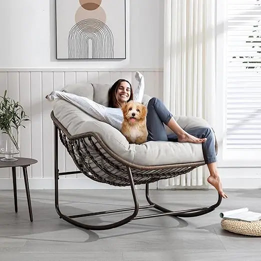 Large Indoor Outdoor Rocking Chair, Oversized Rocking Papasan Chair with Thick Cushion and Frame Outdoor Rocker, Comfy Wicker Eg