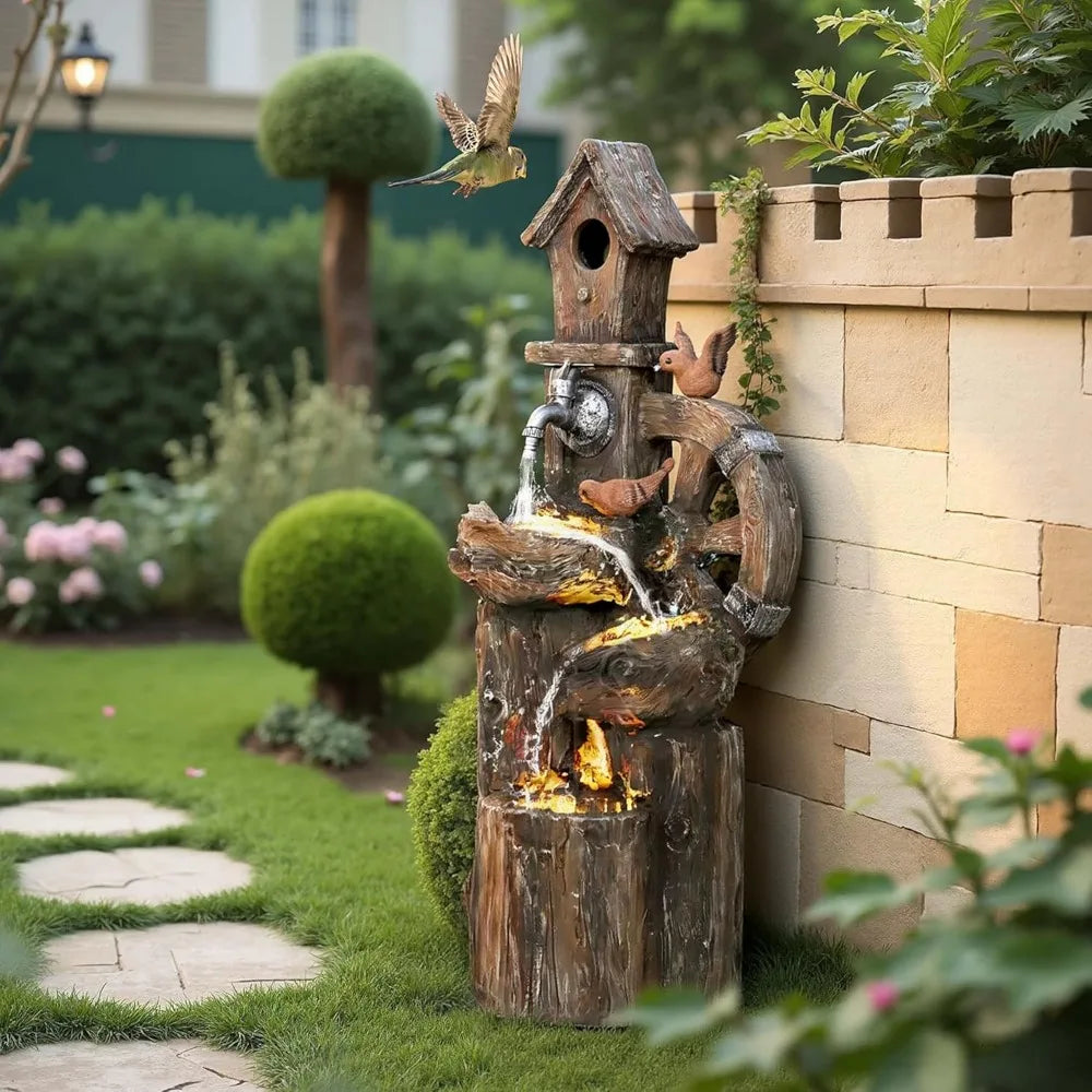 Outdoor Water Fountain, Decorative Garden Birdhouse, 3-Tier Cascading Waterfall with LED Lights and Water Wheel, Soothing Tranq