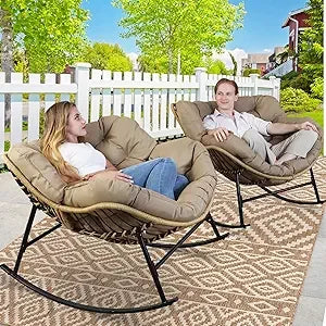 2 pcs Rocking Egg Chair, Indoor Outdoor Oversized Lounge Chair, Wicker Papasan Rocker with Water Resistant Cushion Cover, 450 l