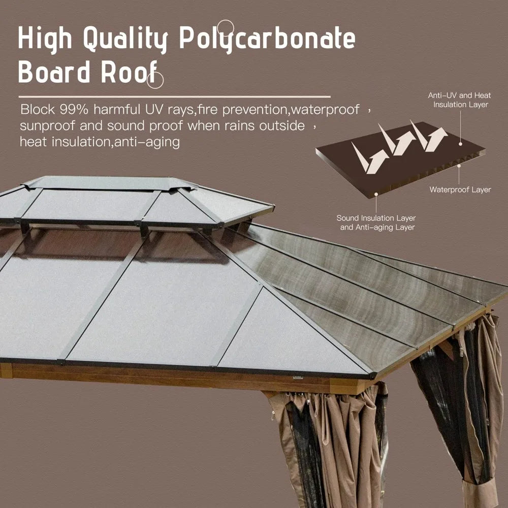 Domi Outdoor Living 10’ x 12’ Hardtop Gazebo, Wooden Coated Aluminum Frame Canopy with Polycarbonate Double Roof, Outdoor Perman