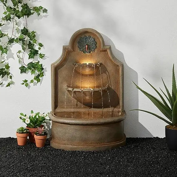 2-Tier Stone Like Outdoor Water Fountain with Birds, Bird Bath Outdoor Waterfall Fountain Decor, Freestanding Water Fountains w