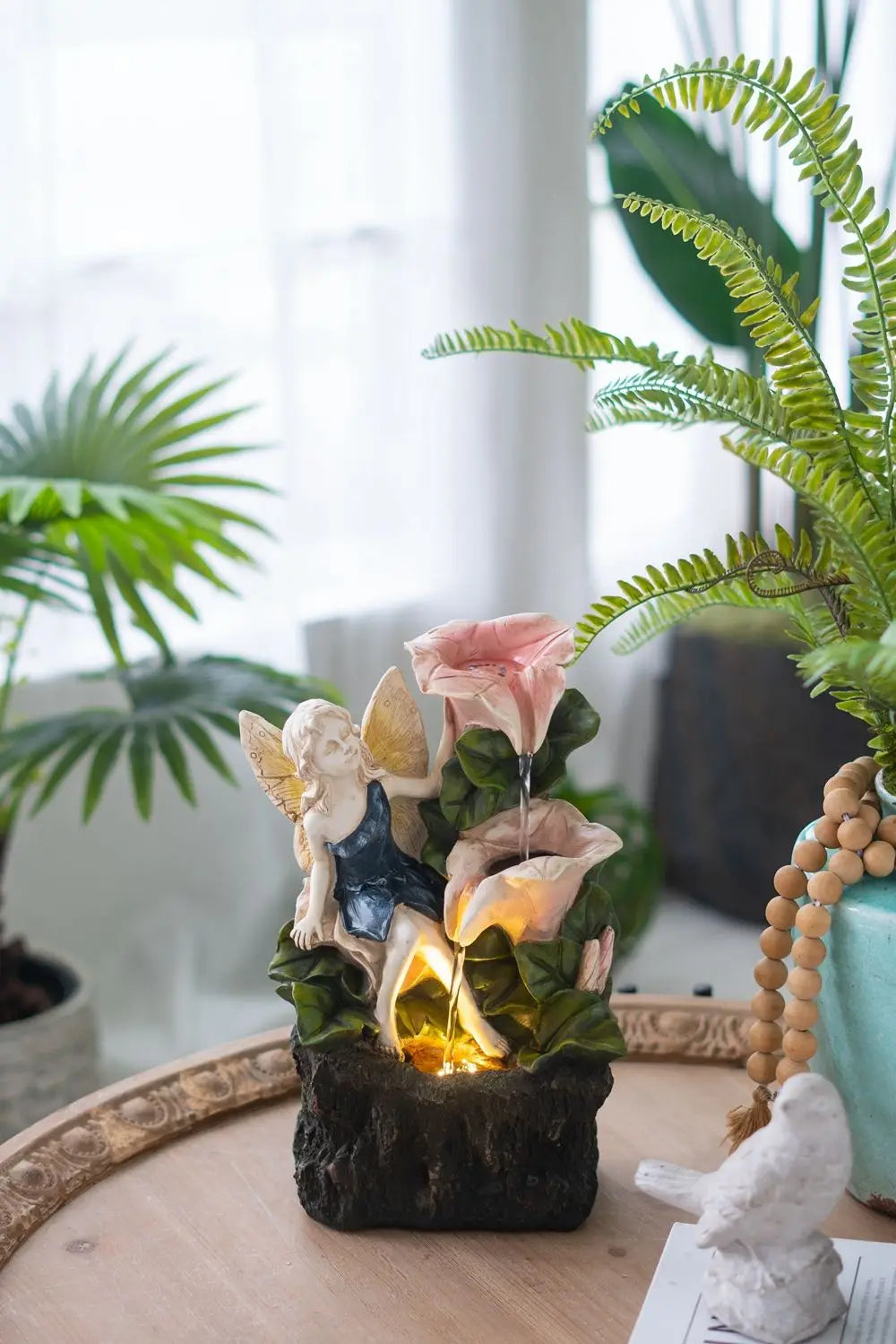 8.9x4.7x13.4" Decorative 3 Tier Tabletop Water Fountain with Fairy and LED Light, Angel Girl with Pink Flower Design