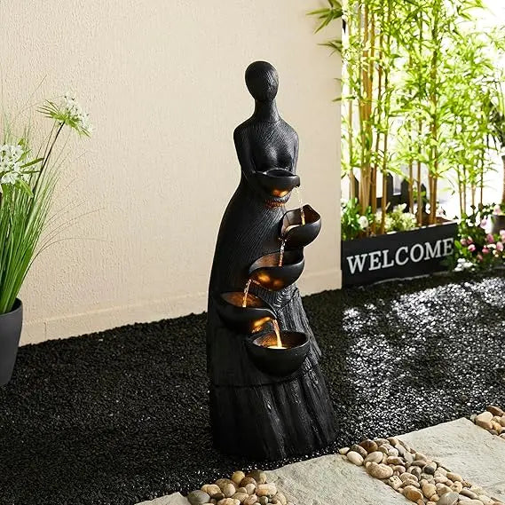 2-Tier Stone Like Outdoor Water Fountain with Birds, Bird Bath Outdoor Waterfall Fountain Decor, Freestanding Water Fountains w