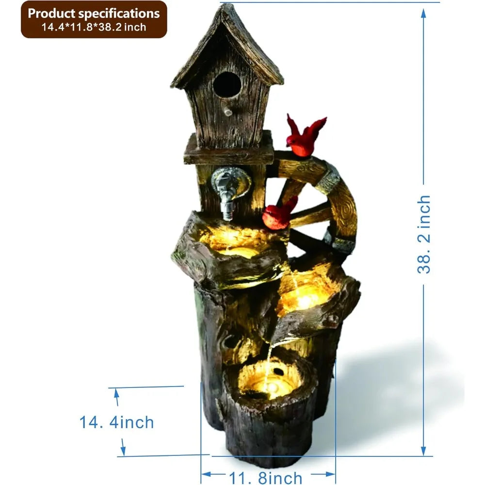 Decorative Garden Birdhouse Three Tier Water Fountain Outdoor with LED Lights and Water Wheel