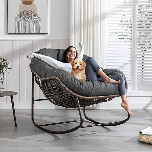 Large Indoor Outdoor Rocking Chair, Oversized Rocking Papasan Chair with Thick Cushion and Frame Outdoor Rocker, Comfy Wicker Eg