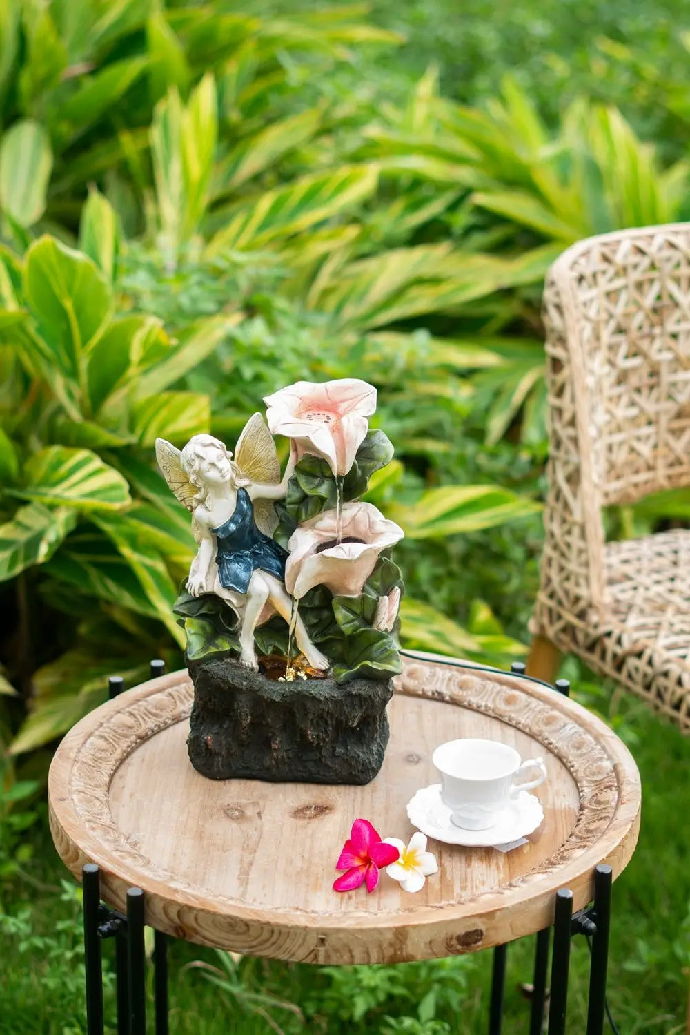 8.9x4.7x13.4" Decorative 3 Tier Tabletop Water Fountain with Fairy and LED Light, Angel Girl with Pink Flower Design