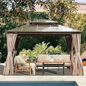 Domi Outdoor Living 10’ x 12’ Hardtop Gazebo, Wooden Coated Aluminum Frame Canopy with Polycarbonate Double Roof, Outdoor Perman
