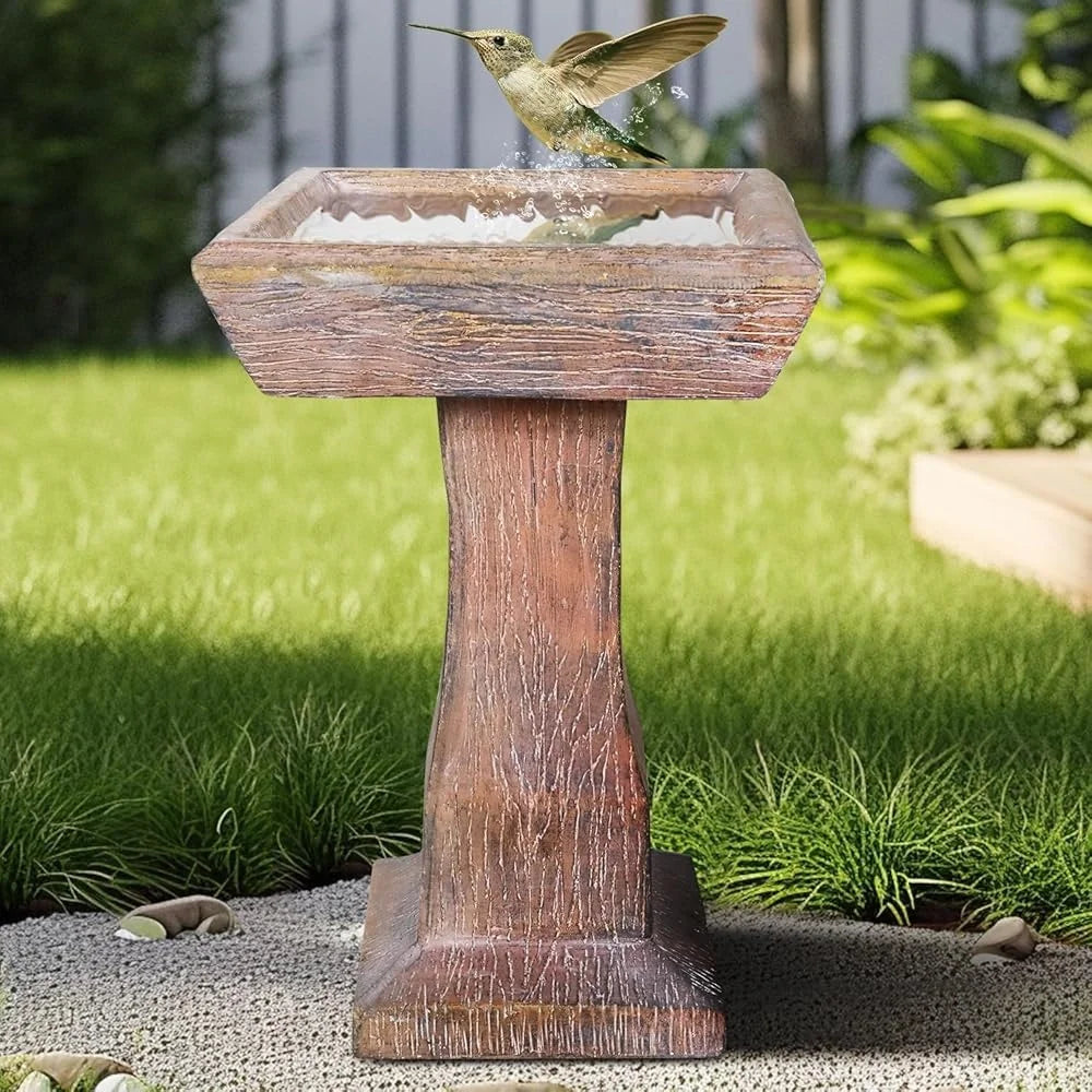23.2" H Rustic Birdbath Freestanding Square Bird Bath with Faux Wood Finish Garden Lawn Backyard Patio Porch Decor