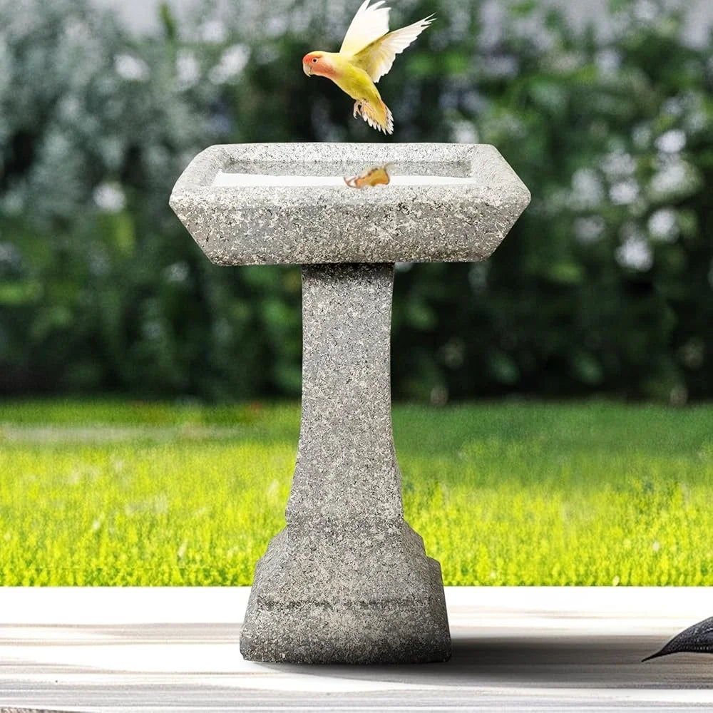 Freestanding Birdbath Outdoor 15In Diameter Concrete Garden Bird Bath Feeder Bowl Pedestal Durable Weather Resistant Easy