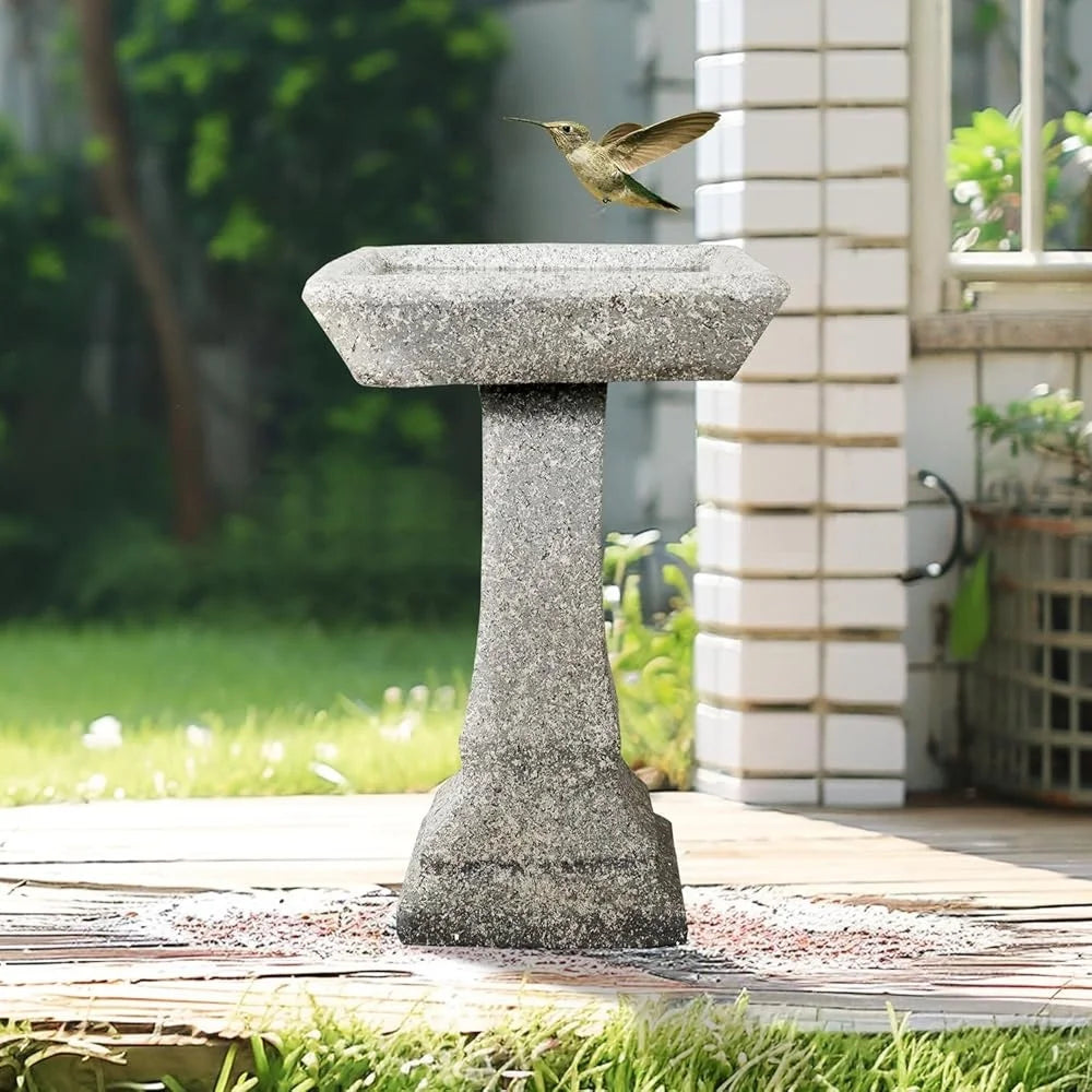 Freestanding Birdbath Outdoor 15In Diameter Concrete Garden Bird Bath Feeder Bowl Pedestal Durable Weather Resistant Easy
